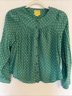 Maeve Teal Green Polka-Dot Button-Up Blouse